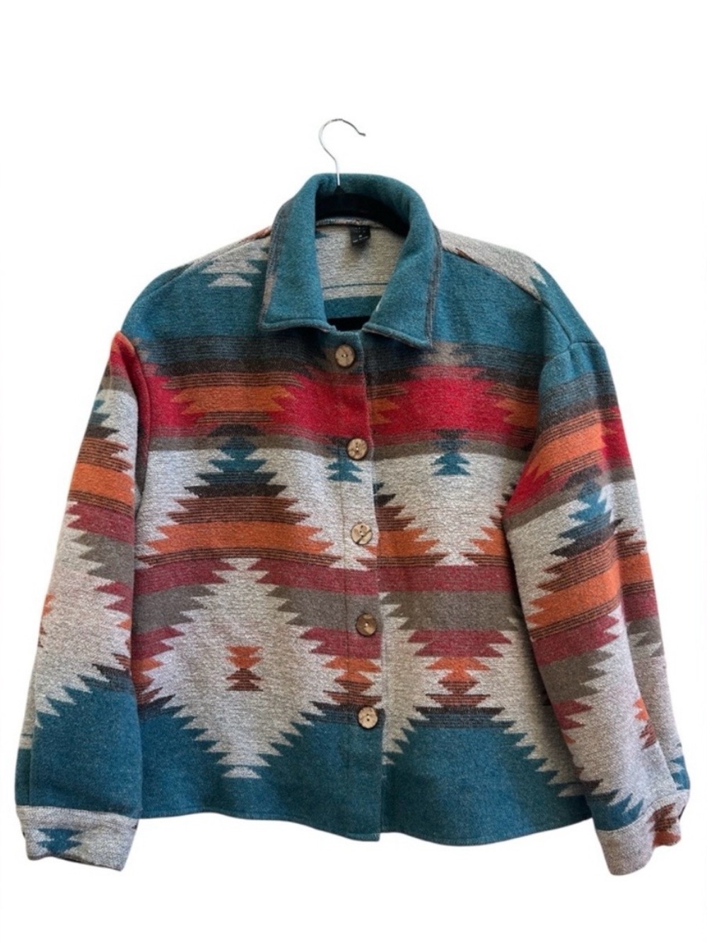Southwestern Aztec Shacket Teal Rust Oversized Western Jacket